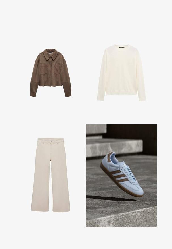 Brun faux suede cropped jakke med krave, to brystlommer og lange ærmer, samt knaplukning og syede detaljer.; Hvid langærmet crewneck-trøje med ribstrikkede manchetter og kant, vist mod en helt hvid baggrund.; Beige brede jeans med høj talje, lavet af denimstof. Har en rå kant forneden samt en frontknap og lynlås lukning.; Lyseblå sneakers med brune ruskindsdetaljer, tre laterale striber, flade snørebånd og en tekstureret gummisål. Mærkelogo på tungen.