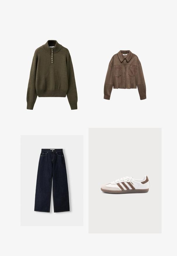Veste cropped en daim synthétique marron avec un col, deux poches poitrine et des manches longues, dotée d'une fermeture par bouton et de détails cousus.; Pull en maille vert olive avec un col montant, doté d'une patte de boutonnage à six boutons et d'un ourlet et de poignets côtelés pour un look texturé.; Jean large en denim bleu foncé à taille haute, avec cinq poches, des coutures contrastées et des éléments en métal argenté. Texture lisse et finition soignée.; Baskets Adidas Samba blanches avec des bandes en daim marron, semelle en caoutchouc marron et bout en daim beige, vues du côté extérieur sur un fond uni.