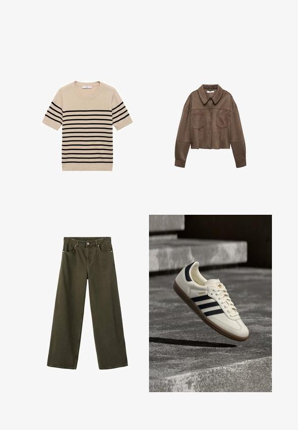 Bruine faux-suede cropped jas met een kraaghals, twee borstzakken en lange mouwen, voorzien van knoopsluiting en gestikte details.; Beige trui met korte mouwen en zwarte horizontale strepen, ronde halslijn en gebreide textuur. Eenvoudig, klassiek ontwerp zonder extra accenten.; Olijfgroene wijdvallende jeans gemaakt van duurzaam denim met vijf zakken, zilveren hardware en zichtbare stiksels langs de naden.; Witte Adidas Samba sneaker met zwarte strepen en gumzool, zwevend boven gestructureerde grijze betonnen treden.