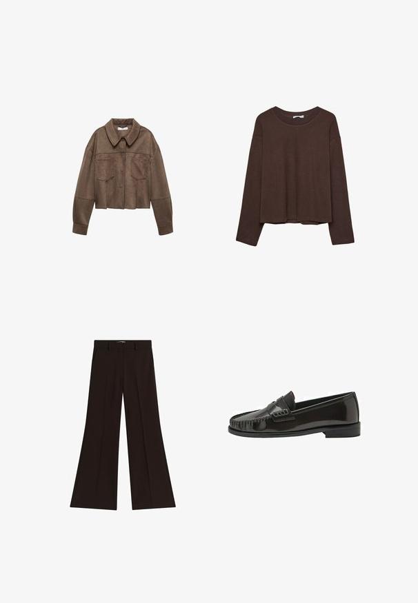 Brun faux suede cropped jakke med krave, to brystlommer og lange ærmer, samt knaplukning og syede detaljer.; Brun sweater med en afslappet pasform, ribbet rullekrave og lange ærmer. Glat tekstur med en rund kant og ingen synlige mønstre eller accenter.; Sorte højtaljede bukser med brede ben, bæltestropper og sidelommer, lagt fladt på en hvid baggrund.; Sort blank læder herre slip-on loafer med syning på moc tå og lav stablet hæl, vist i sideprofil på hvid baggrund.