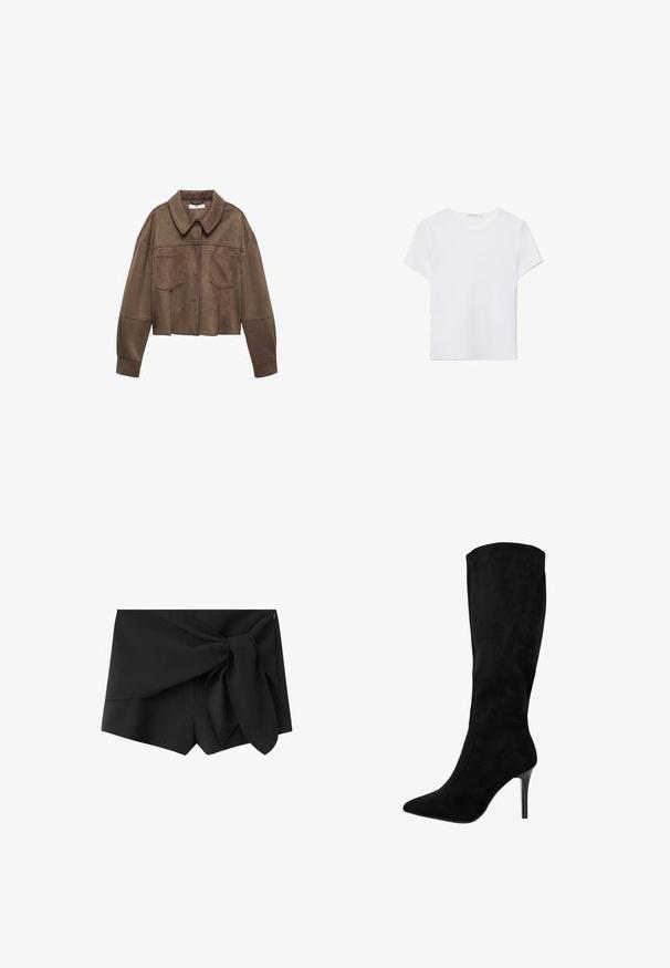 Bruine faux-suede cropped jas met een kraaghals, twee borstzakken en lange mouwen, voorzien van knoopsluiting en gestikte details.; Witte T-shirt met korte mouwen, gemaakt van zachte stof. Heeft een ronde halslijn en een eenvoudig, strak ontwerp met een rechte zoom.; Zwarte high-waisted shorts met gelaagd stofdetail en grote gestrikte strik aan de rechter voorkant.; Zwarte suède kniehoge laars met een spitse neus en stilettohak. Gladde textuur, strakke vormgeving, geen zichtbare hardware of accenten.