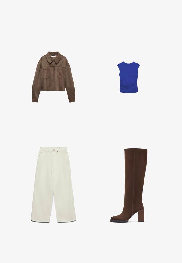 Brun faux suede cropped jakke med krave, to brystlommer og lange ærmer, samt knaplukning og syede detaljer.; Blå ærmeløs graviditetstop med rynkede sider og rund halsudskæring, designet til at rumme en voksende mave.; Høj-taljede, vidde ben cremefarvede bukser med forlommer, bæltestropper og knaplukning.; Brune knæhøje støvler lavet af blødt stof, med firkantet tå, blokhæl og en tekstureret gummisål. Rene linjer uden udsmykning.