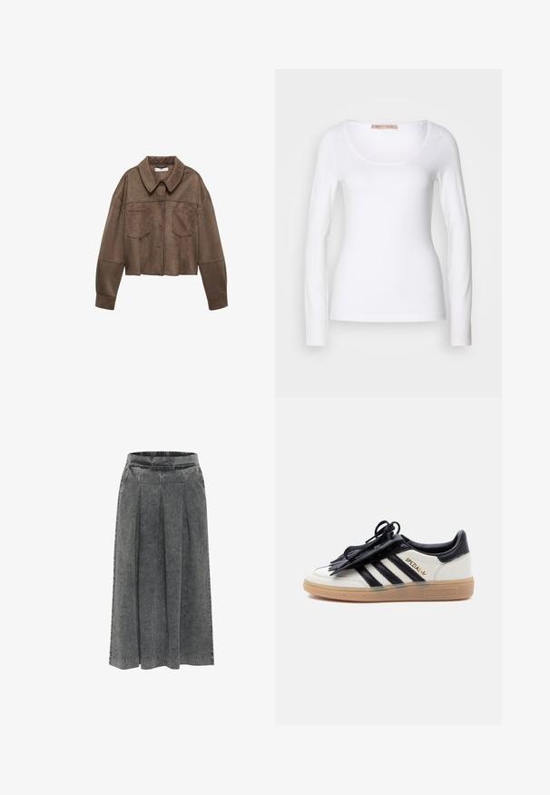 Brun faux suede cropped jakke med krave, to brystlommer og lange ærmer, samt knaplukning og syede detaljer.; Langærmet hvid bomulds T-shirt med rund halsudskæring og tætsiddende design, med glat tekstur og uden udsmykninger.; Grå denimnederdel med plisseringer, elastisk talje, knælang og en tekstureret overflade. Simpelt design uden synlige mønstre eller dekorationer.; Hvid og sort Adidas Spezial-sneaker med gummisål, sorte striber og sort snørebåndsdække på en ensartet lys baggrund.