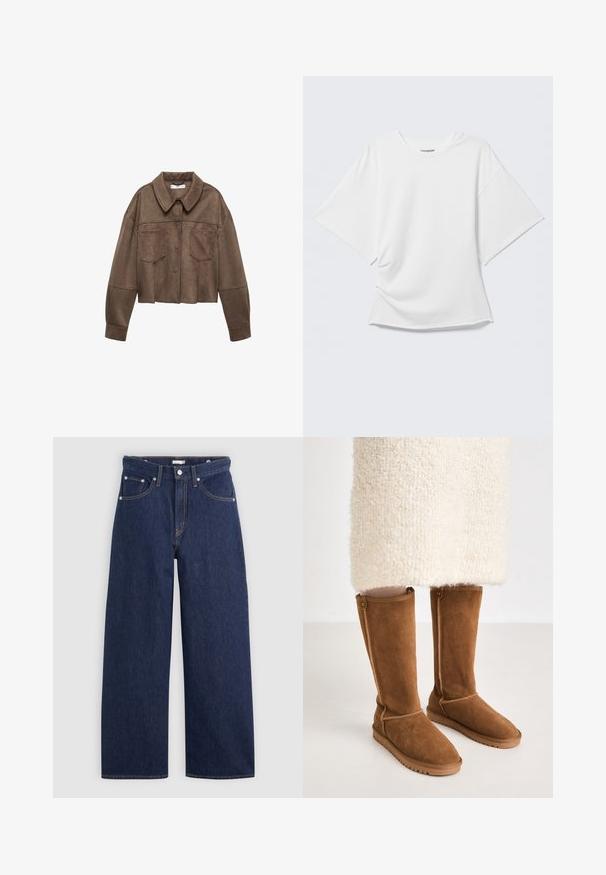 Bruine faux-suede cropped jas met een kraaghals, twee borstzakken en lange mouwen, voorzien van knoopsluiting en gestikte details.; Wit oversized T-shirt met korte mouwen en ronde hals, weergegeven op een lichtgrijze achtergrond.; Donkerblauwe denim wijde broek met een hoge taille, voorzien van vijf zakken, riemlussen en details van koperkleurig stiksel. Gladde textuur.; Knee-high bruine suède laarzen met een gladde textuur, voorzien van zijstiksels en een rubberen zool voor grip.