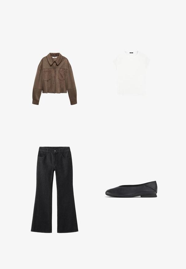 Brun faux suede cropped jakke med krave, to brystlommer og lange ærmer, samt knaplukning og syede detaljer.; Hvid bomulds t-shirt med rund halsudskæring og korte ærmer. Enkel design, ingen mønstre eller accenter. Blød, glat tekstur.; Sorte denim flared jeans med høj talje, fem lommen design, kontrast syninger og klassisk knaplukning.; Sorte læder flade sko med rund tå og lav hæl, designet til både casual og formelt brug.