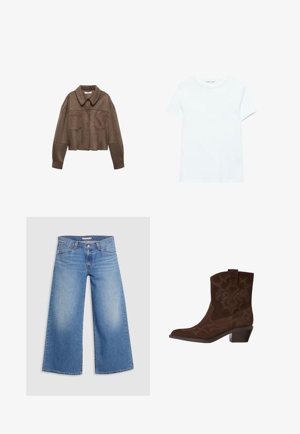 Brun faux suede cropped jakke med krave, to brystlommer og lange ærmer, samt knaplukning og syede detaljer.; Ensfarvet hvid kortærmet bomuldst-shirt med rund hals, vist fladt på hvid baggrund, uden synlige mønstre eller logoer.; Lysblå vidde jeans lavet af denim, med høj talje, klassisk fem-lomme design og subtile falmning langs benene.; Brune ruskinds cowboystøvle med spids tå, dekorative syninger, ankelhøjde og en stablet hæl. Har en pull tab for nem påtagning.