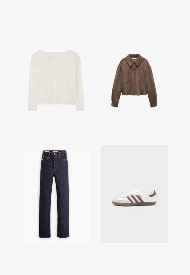Brun faux suede cropped jakke med krave, to brystlommer og lange ærmer, samt knaplukning og syede detaljer.; Hvid langærmet top med rund halsudskæring, letvægts bomuldsstof og en afslappet pasform. Enkel design uden mønstre eller pynt.; Mørkeblå straight-leg denim jeans med fem lommer og synlig orange syning på hvid baggrund.; Hvid Adidas Samba sneaker med brune ruskindstriber, brun ruskindstå og gummisål på en lys grå baggrund.