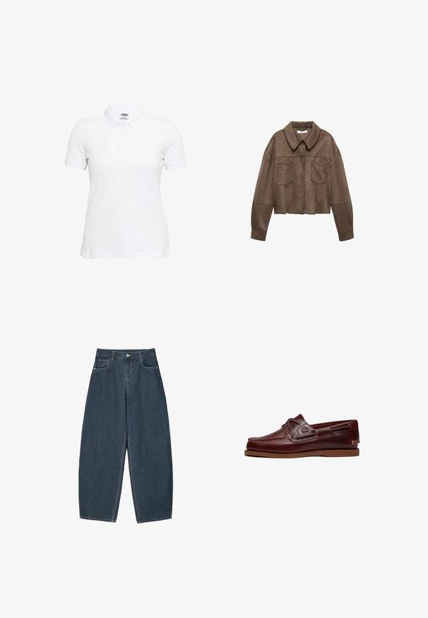 Bruine faux-suede cropped jas met een kraaghals, twee borstzakken en lange mouwen, voorzien van knoopsluiting en gestikte details.; Witte polo met korte mouwen van getextureerde katoen. Voorzien van een klassieke kraag en een drieknoopsluiting. Casual pasvorm met een rechte zoom.; Donkerblauwe denim wijde broek met hoge taille, voorzien van vijf zakken en zichtbare stikseldetails. Schoon, minimaal ontwerp.; Bruine leren boot schoen met veters, stiksel details en Timberland-logo aan de zijkant, weergegeven op een witte achtergrond.