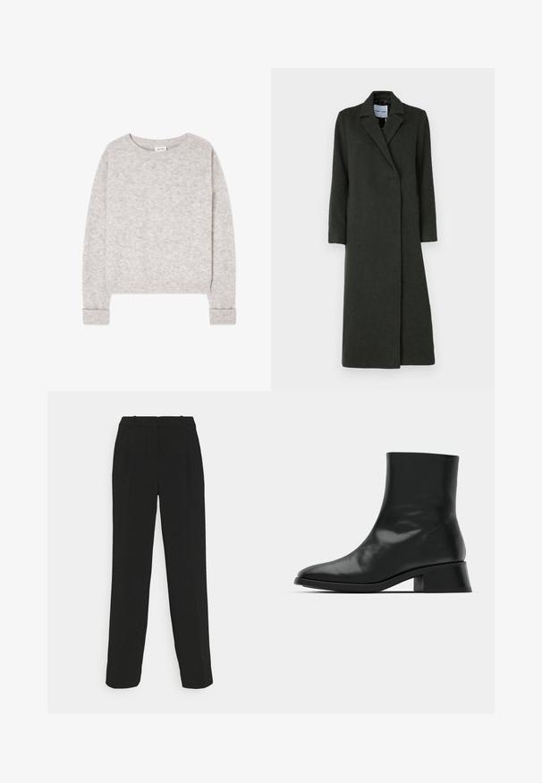Manteau long en laine de couleur vert foncé, avec un col à revers, un design à boutons simple et des poches latérales ; texture lisse.; Pull gris clair en maille à manches longues avec col rond et poignets et ourlet côtelés, posé à plat sur un fond blanc.; Pantalons noirs taillés avec une coupe droite, présentant une taille haute, des plis et une texture de tissu lisse.; Bottine noire en cuir brillant, au design épuré, avec un bout pointu et un petit talon bloc pour plus de stabilité.