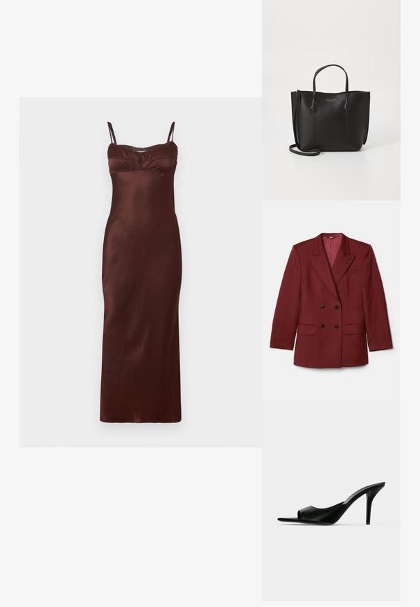 Dunkelroter, doppelreihiger Blazer aus Wollmischung. Mit Reverskragen, zwei Vorderaschen und schwarzen Knöpfen. Gefüttert mit einfarbigem Stoff.; Satin-Midikleid in Dunkelbraun mit dünnen verstellbaren Trägern, tailliertem Oberteil, gerafftem Detail an der Brust und glatter Textur.; Schwarzer Leder-Pantolette mit offenem Zehenbereich und hohem, schlankem Stiletto-Absatz, im Seitenprofil vor neutralem Hintergrund gezeigt.; Schwarze Leder-Tote-Bag mit zwei oberen Griffen, einem abnehmbaren Schultergurt und einer strukturierten Oberfläche. Mit goldfarbenem Markenlogo auf der Vorderseite.