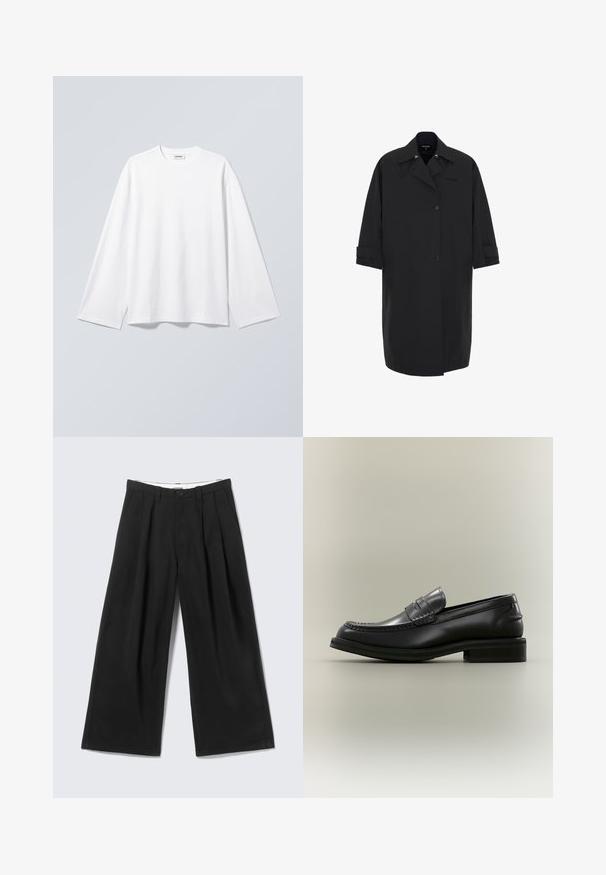 Longue manteau noir en matériau lisse et résistant à l'eau. Présente un design croisé, de grandes poches et des poignets repliés.; T-shirt blanc uni à manches longues avec col rond et coupe décontractée, suspendu sur un fond gris clair.; Pantalon noir à jambes larges avec plis, passants pour ceinture et fermeture par bouton, présenté sur un fond gris clair.; Mocassin penny en cuir noir avec un détail cousu et un petit talon empilé présenté sur un fond clair uni.