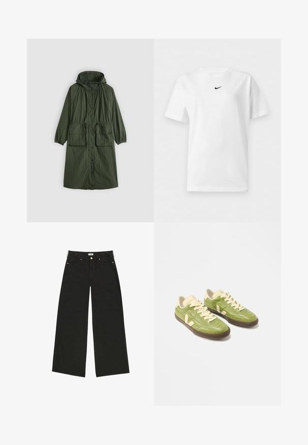 Lys grøn olivengrøn regnjakke med hætte, to forlommer og knaplukning. Har elastiske manchetter og snøre i taljen for justerbar pasform.; Hvid t-shirt med korte ærmer og rund halsudskæring med et lille sort Nike Swoosh-logo centreret nær kraven.; Sorte vidde jeans lavet af denim, med høj talje, forlommer og kontrasterende guldtonet hardware. Ren, lige pasform.; Par af lave sneakers i lysegrøn med cremefarvede snørebånd, beige hælflig og mørkebrun sål på hvid baggrund.