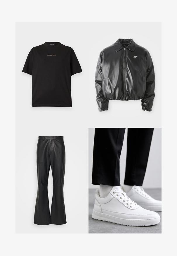 Zwarte faux leren bomberjack met een voorrits, logo-patch op de borst, elastische zoom en manchetten, en een klassieke kraag op een witte achtergrond.; Zwart T-shirt met korte mouwen en ronde hals met het "MICHAEL KORS"-logo gecentreerd in kleine gouden letters op de borst.; Emporio Armani EXCLUSIVE TROUSERS - Leren broek - nero; Witte leren sneakers met een platte rubberen zool, met een soepele afwerking, ronde neus en metalen oogjes voor de veters. Draag ze met een zwarte broek.