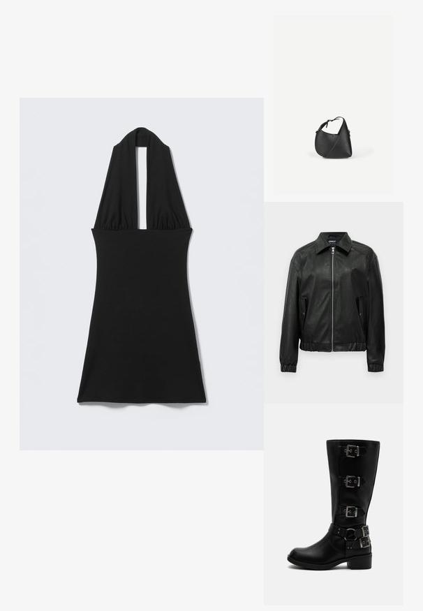 Chaqueta bomber de cuero sintético negra con cremallera frontal, dos bolsillos con solapa y botón a presión, puños elásticos y un cuello extensible.; Vestido negro sin mangas con cuello halter en V profunda y cintura ajustada, exhibido plano sobre fondo claro.; Bota negra de cuero hasta media pantorrilla con cuatro hebillas metálicas ajustables y un tacón bajo en bloque sobre fondo blanco.; Bolso de hombro de cuero negro con forma triangular redondeada y correa ajustable sobre un fondo liso y claro.
