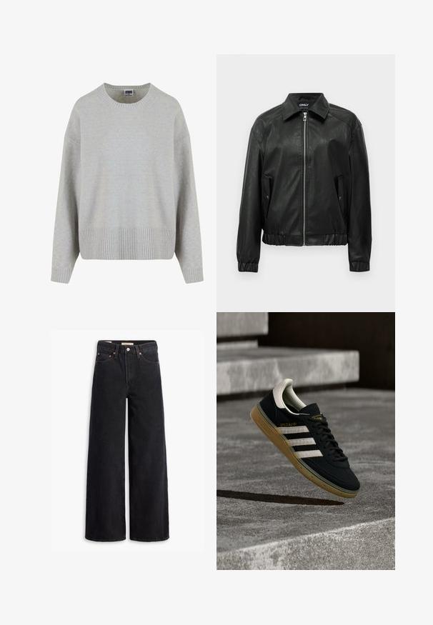 Chaqueta bomber de cuero sintético negra con cremallera frontal, dos bolsillos con solapa y botón a presión, puños elásticos y un cuello extensible.; Suéter de punto gris claro con cuello redondo, hombros caídos y dobladillo acanalado. Textura suave y corte relajado.; Jeans de pierna ancha negros hechos de denim, con cinco bolsillos, remaches de cobre y un cierre clásico de botón. Textura suave con un diseño limpio.; Zapatilla de ante negra con rayas blancas y logo dorado, con suela de goma texturizada color goma y una lengüeta del talón en crema contrastante.