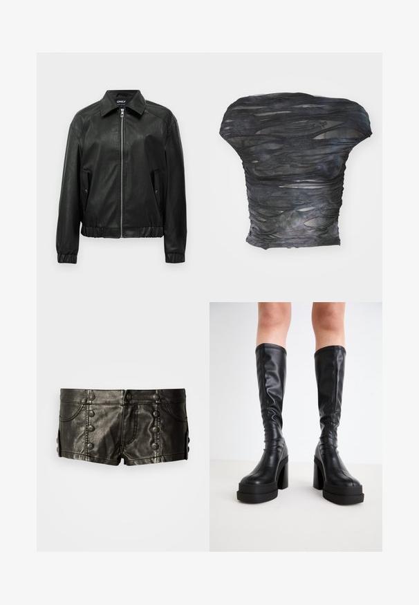Veste bomber en simili cuir noir avec fermeture éclair à l'avant, deux poches à rabat avec bouton-pression, poignets élastiques et col à revers.; Haut noir transparent avec un design texturé en couches présentant des découpes horizontales. Le matériau semble léger avec des variations de couleur subtiles.; Shorts en cuir noir taille basse avec boutons métalliques décoratifs sur le devant et les côtés, dotés de poches avant et de détails de couture.; Bottes noires hautes en cuir lisse, avec une épaisse semelle plateforme et un talon carré, ornées de surpiqûres le long des bords.
