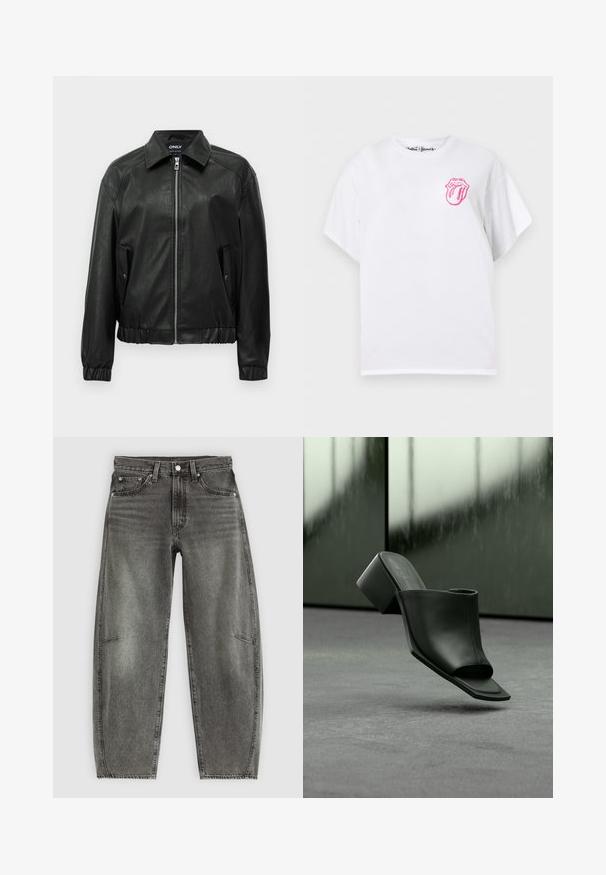 Sort faux læder bomberjakke med frontlynlås, to klaplommer med trykknap, elastiske manchetter og skjortekrave.; Hvid T-shirt med korte ærmer og lille pink Rolling Stones tunge- og læbelogo på øverste venstre bryst.; Højtaljede gråvaskede denimjeans med fem lommer, knaplukning og en afslappet lige pasform.; Sort læder mule med åben tå og blokhæl, svævende over gråt tæppe mod en sløret glasbaggrund.