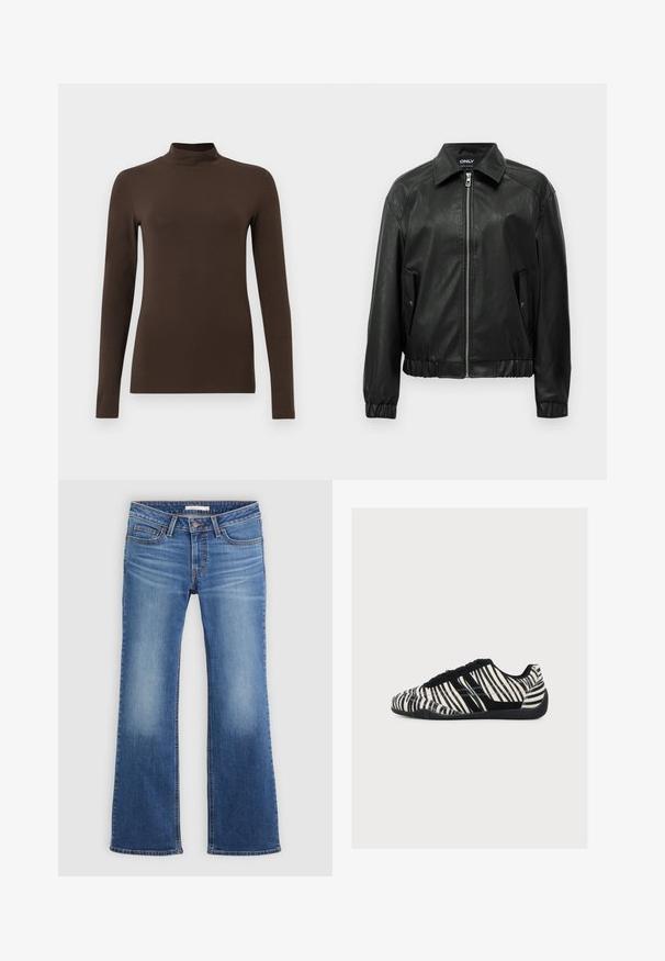 Sort faux læder bomberjakke med frontlynlås, to klaplommer med trykknap, elastiske manchetter og skjortekrave.; Brun langærmet turtleneck-top lavet af blødt stof. Tætsiddende design med høj krave og sømløse ærmer. Ingen synlige mønstre eller hardware.; Lyseblå denim flared jeans med et klassisk fem-lomme design, stikninger, og en let falmet finish på lår og knæ.; Lavprofil sneakers med sorte og hvide zebrastriber, sorte snørebånd og tekstureret sort sål, vist fra siden på en hvid baggrund.