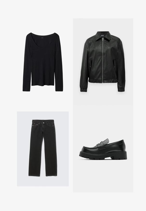 Chaqueta bomber de cuero sintético negra con cremallera frontal, dos bolsillos con solapa y botón a presión, puños elásticos y un cuello extensible.; Top negro de manga larga con escote amplio en forma de barco, hecho de una tela suave y elástica. Presenta una textura lisa y un diseño simple sin patrones.; Vaqueros negros de corte recto con cinco bolsillos, cierre de botón y presillas para cinturón, mostrados planos sobre un fondo claro.; Mocasines de cuero negro con suela gruesa y texturizada, que presentan una correa sobre el empeine y un acabado suave y pulido.