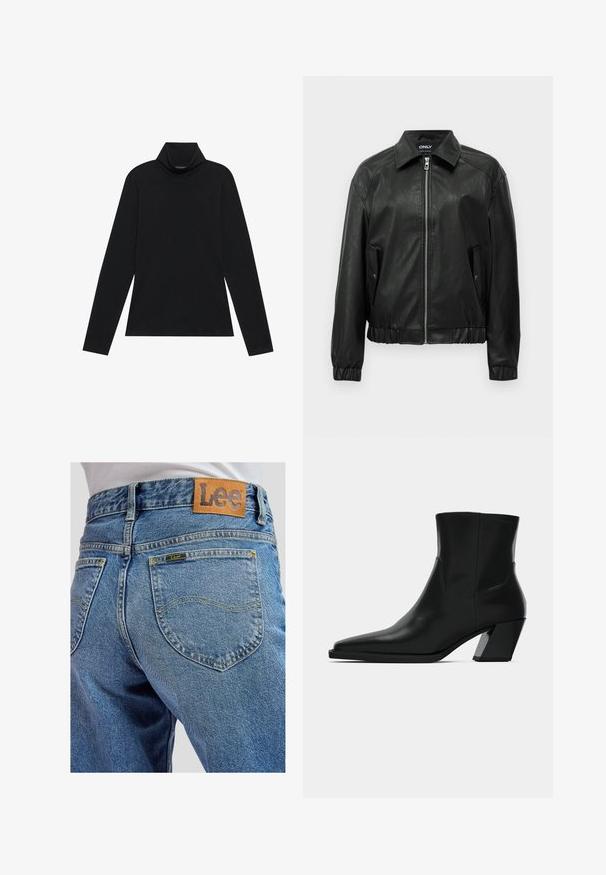 Musta keinonahkainen pommikaukkutakki, jossa on edessä vetoketju, kaksi napilla suljettavaa läppätaskua, joustavat hihansuut ja levitetty kaulus.; Mustat pitkät hiharat turtleneck-paidat. Pehmeä kangas, istuva muotoilu, korkea kaulus ja sivusaumat. Yksinkertainen ja monipuolinen tyyli, joka sopii kerroksittain käytettäväksi.; Siniset farkut, joissa takataskut ja keltaiset ompeleet sekä ruskea Lee-merkkinen nahkainen merkki vyötäröllä.; Mustat nahkasaappaat nilkkapituisena, teräväkärkiset, sulavalinjaiset ja paksupohjaiset neliön malliset korot. Sileä pinta, jossa on minimaalista tikkausta.