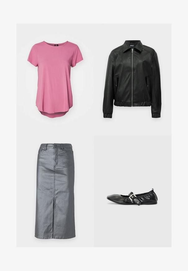 Zwarte neplederen bomberjack met ritssluiting aan de voorkant, twee flapzakken met drukknopen, elastische manchetten en een verspreide kraag.; Roze T-shirt met korte mouwen, een ronde hals, een ontspannen fit en een iets langere achterzijde. Gemaakt van zachte, gladde stof.; Metalen grijze spijkerrok met een rechte vorm, een split aan de voorkant, een ontwerp met vijf zakken en een knoopsluiting in de taille. Plat gestikte naden zijn zichtbaar.; Zwarte leren platte schoen met een spitse neus, geplooide details rond de opening en een zilveren gespaccentueerde verstelbare band.