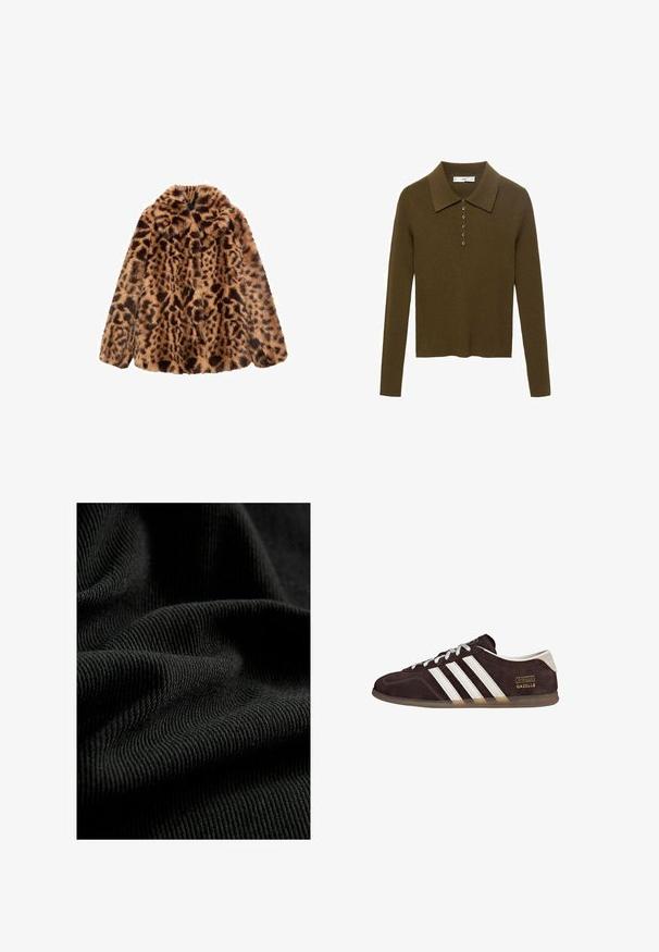 Kabát z umelého chlpatej látky s leopardím vzorom, s textúrovaným, huňatým povrchom, v hnedej a pieskovej farebnej schéme, s výstrihom do V a bez viditeľného zapínania.; Dlhý rukáv, rebrovaný pletený polo v olivovo zelenej farbe, s klasickým golierom a šiestimi gombíkmi na prednej strane pre zapínanie.; Čierna rebrovaná tkanina s textúrovaným povrchom, zvýrazňujúca jemné záhyby a krivky. Materiál vyzerá ľahko a flexibilne.; Hnedé semišové tenisky s tromi bielymi pruhmi, gumovou podrážkou a textovou nálepkou s nápisom "Gazelle" v zlatej farbe. Šnurovacie sivošedé šnúrky.