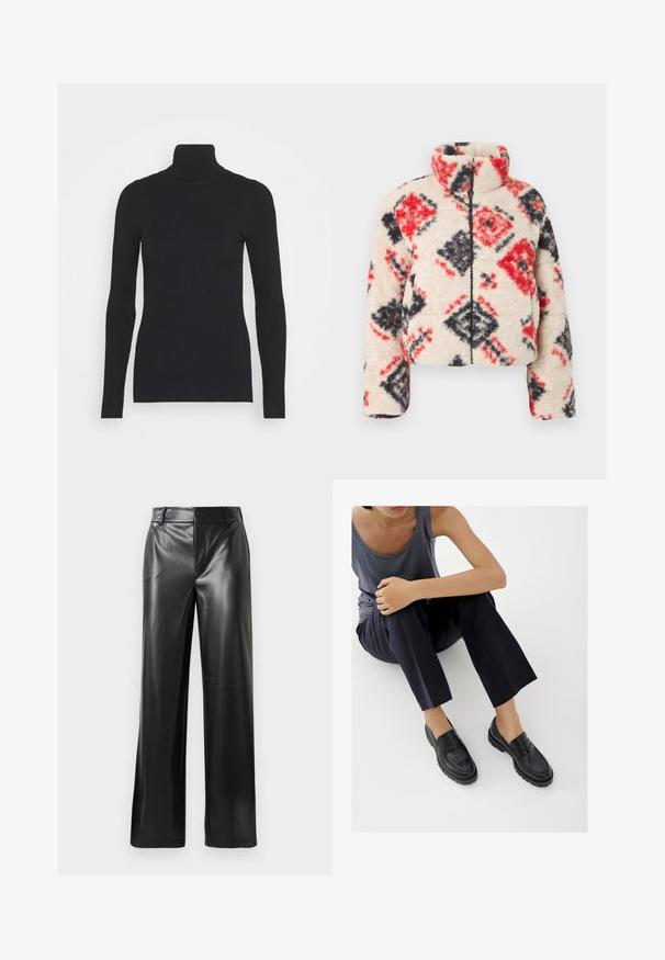Veste Sherpa zippée avec un col montant, présentant une base crème et un motif en losanges rouge et noir. Texture douce et silhouette gonflée.; Pull noir à col roulé côtelé, doté de longues manches et d'une silhouette près du corps. La texture est lisse avec un motif de côtes horizontal.; Pantalons large en cuir noir avec une texture lisse, dotés d'une taille mi-haute et de légères plis sur le devant.; Mocassins en cuir noir avec accents texturés, talon bas, bout arrondi, et coutures visibles. Modèle portant un pantalon sombre et un haut gris.