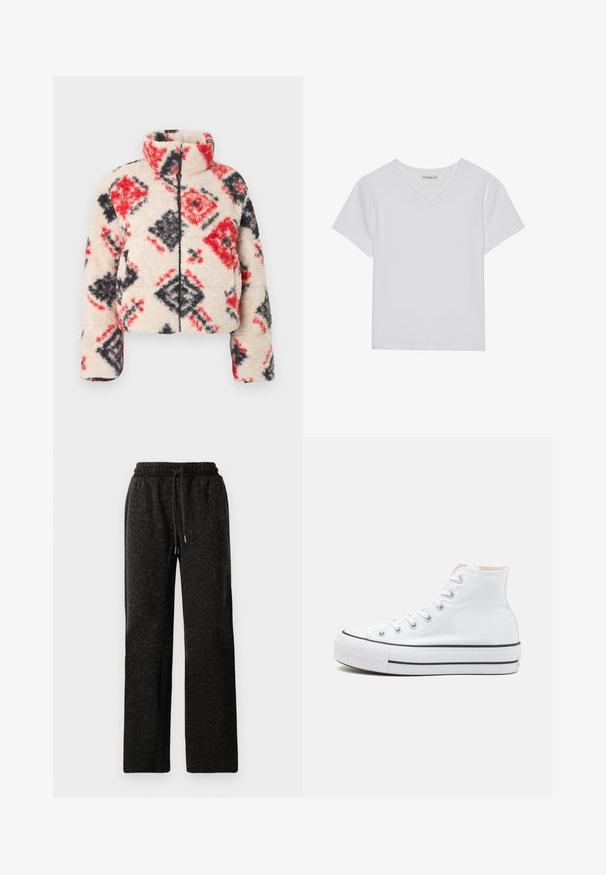 Veste Sherpa zippée avec un col montant, présentant une base crème et un motif en losanges rouge et noir. Texture douce et silhouette gonflée.; T-shirt blanc à manches courtes en V, en tissu côtelé. Présente un design épuré avec un ourlet droit et un minimum de détails.; Joggings noirs à imprimé léopard avec taille élastique et cordon de serrage. Tissu doux, design à jambes larges, texture subtile.; Baskets montantes blanches en toile, semelle en caoutchouc noir et bande noire contrastante sur la semelle intermédiaire. Bout rond et design à lacets.