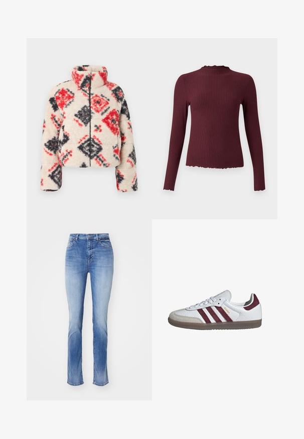 Sherpa-Zip-Up-Jacke mit hohem Kragen, cremefarbenem Grundton und einem Rautenmuster in Rot und Schwarz. Weiche Textur und puffy Silhouette.; Burgunderfarbener Langarm-Top, gerippte Textur, hoher Kragen mit gewelltem Rand, taillierte Form, weicher Stoff und leicht gekürzter Saum.; Helles blaues Denim-Jeans mit geradem Bein, in einem ausgewaschenen Design, im klassischen Fünf-Taschen-Stil, und einem Reißverschluss mit Knopfverschluss.; Weißer niedriger Adidas Samba Sneaker mit kastanienbraunen Streifen, beiger Wildleder-Zehenkappe und Gummisohle.
