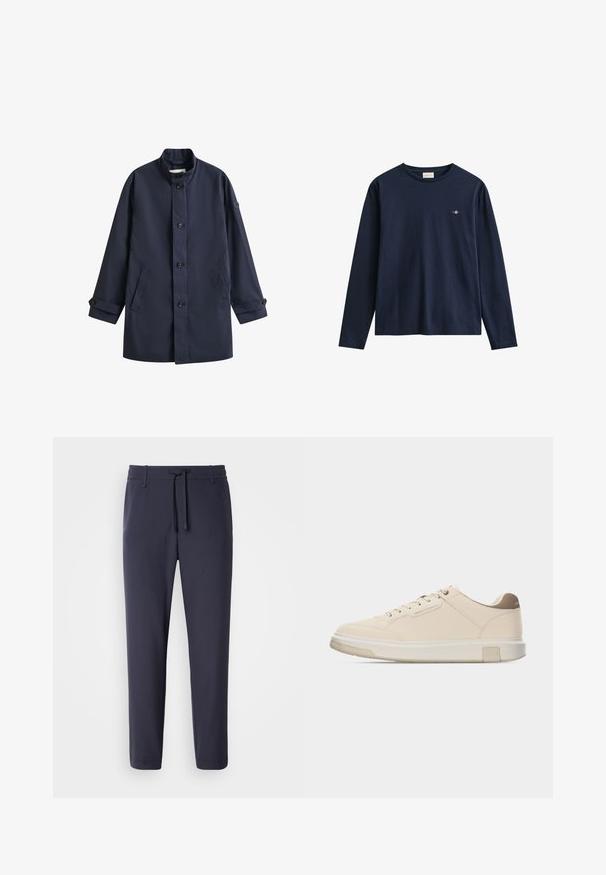 Manteau bleu marine mi-long avec col montant, fermeture à boutons, deux poches avant et poignets boutonnés aux manches longues.; T-shirt manches longues bleu marine en coton, avec un col rond et un petit logo sur la poitrine. Texture lisse avec une coupe décontractée.; Pantalons de jogging navy avec une taille élastique et un cordon de serrage. Fabriqués dans un matériau lisse, avec des jambes effilées et sans poches visibles.; Baskets beige discrètes à lacets sur le devant, avec le logo « Armani Exchange » sur le côté et une semelle blanche rembourrée avec la marque « A|X ».