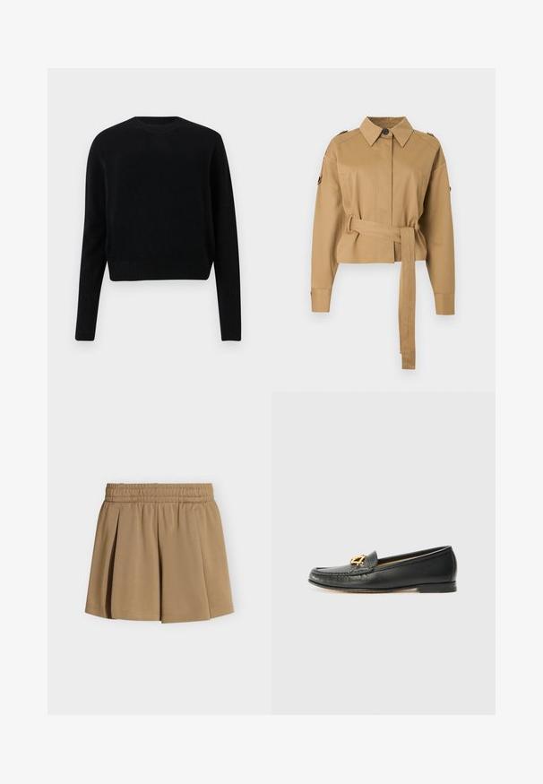 Lysebrun cropped jakke med lange ærmer, knappet krave, skøder og et matchende stofbælte bundet i taljen.; Sort kortærmet sweater lavet af strikket stof. Har rund hals og ribbede manchetter og kant. Enkel, klassisk design uden mønstre eller udsmykninger.; Beige plisseret nederdel med elastik i taljen, lavet af glat stof, vist på en ensfarvet lysegrå baggrund.; Sorte læder loafers med en syet tå, en lav hæl og et dekorativt guldemblem foran. Glat tekstur, klassisk design.