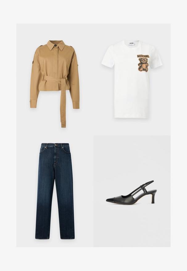 Lysebrun cropped jakke med lange ærmer, knappet krave, skøder og et matchende stofbælte bundet i taljen.; Hvid t-shirt med korte ærmer med en bamse-grafik og teksten "MOSCHINO" i brun på øverste venstre brystside.; Mørkeblå lige bukser lavet af denim, som har et klassisk fem-lomme design, syninger og en knaplukning i taljen.; Sort læder slingback-sko med spids tå, der har en blank accent på tåhætten og en mellemhøj hæl. Åben sidesektion.