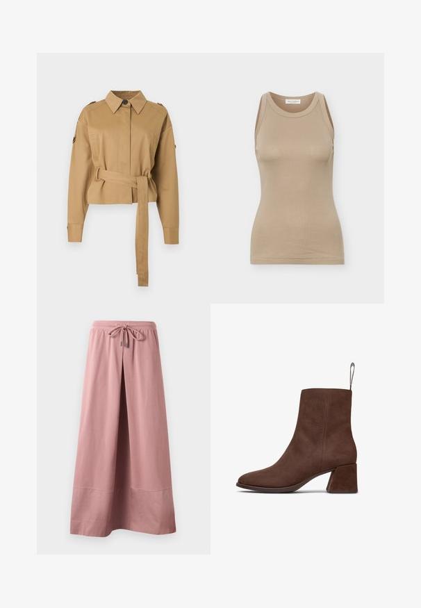 Chaqueta corta de color marrón claro con mangas largas, cuello abotonado, hombreras y un cinturón del mismo tejido atado a la cintura.; Camiseta ajustada sin mangas para mujer en color beige, con cuello redondo y etiqueta de Marc O'Polo en la parte posterior del interior del cuello.; Pantalones de pierna ancha en rosa empolvado con cintura elástica y cordón delantero, elaborados con tela suave y detalle de dobladillo ancho.; Botín de cuero marrón, con textura suave, punta afilada y tacón cuadrado. Presenta un lazo en la parte posterior para facilitar su uso.