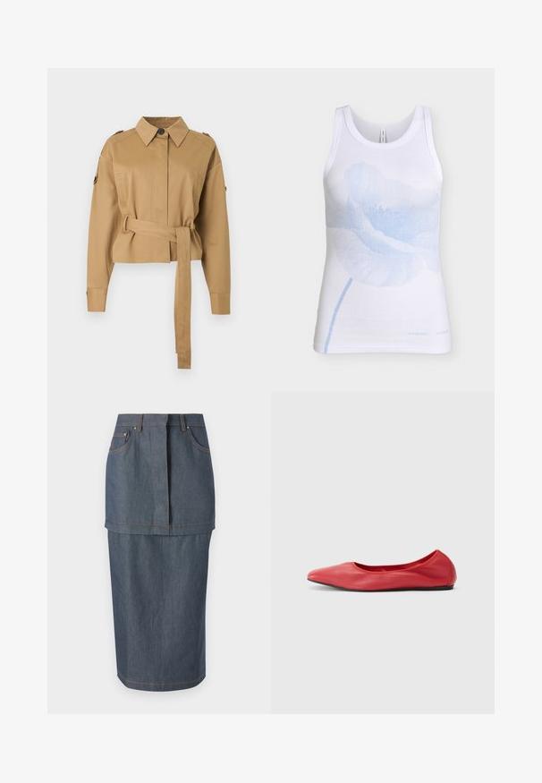 Veste courte marron clair à manches longues, col boutonné, épaulettes et ceinture assortie en tissu nouée à la taille.; Débardeur blanc côtelé sans manches avec un grand motif de fleur de coquelicot bleu clair centré sur le devant.; Jupe en denim de couleur bleu foncé, dotée de poches avant, d'une taille cintrée et d'une coupe au niveau des genoux, rehaussée de surpiqûres contrastées.; Filippa K REY FLATS - Ballerines - bright red