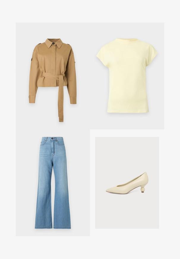 Light brown cropped jacket with long sleeves, buttoned collar, epaulets, and a matching fabric belt tied at the waist.; Light yellow, short-sleeve t-shirt with a round neckline, displayed on a neutral light gray background.; Light blue high-waisted wide-leg jeans with front button and zipper closure, front and back pockets, and visible stitching.; Cream-colored pointed-toe pump with a low, unique bulb-shaped heel on a plain white background.