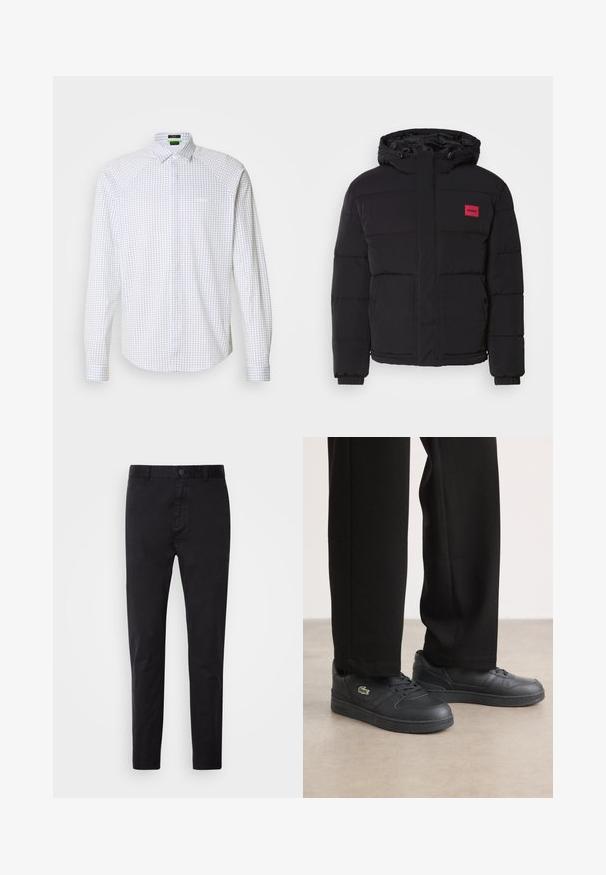 Schwarze Daunenjacke mit Kapuze, ausgestattet mit einem roten Logoschild, gestepptem Muster, Fronttaschen und elastischen Bündchen für Wärme und Komfort.; Langärmliges Hemd mit Knopfleiste in Weiß mit einem blauen Karomuster. Verfügt über einen klassischen Kragen und eine Brusttasche. Glatte Stoffqualität mit taillierter Passform.; Schwarze Chinos mit glatter Textur, Knopfverschluss und tailliertem Design. Ideal für legere oder semi-formelle Anlässe.; Schwarze Low-Top-Sneaker aus glattem Leder, mit einer strukturierten Gummisohle, Schnürdesign und einem kleinen grünen gestickten Logo.