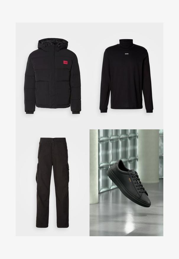 Doudoune noire avec capuche, ornée d'un patch logo rouge, motif matelassé, poches avant et poignets élastiques pour chaleur et confort.; T-shirt à col roulé noir à manches longues en tissu lisse, avec un logo "HUGO" blanc sur la poitrine, doté de poignets et d'un ourlet ajustés.; Pantalons cargo noirs avec une coupe droite, une taille élastique, plusieurs poches latérales et un tissu texturé pour plus de durabilité.; Baskets basses en cuir noir avec lacets noirs et logo BOSS doré sur le côté, flottant au-dessus d’un sol gris brillant dans un espace intérieur moderne.