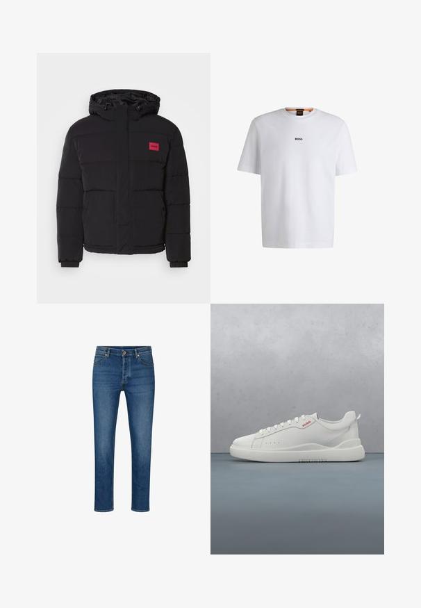 Schwarze Daunenjacke mit Kapuze, ausgestattet mit einem roten Logoschild, gestepptem Muster, Fronttaschen und elastischen Bündchen für Wärme und Komfort.; Weißes Baumwoll-T-Shirt mit kurzen Ärmeln, ausgestattet mit einem schwarzen "BOSS"-Logo, das mittig auf der Brust platziert ist, und einem runden Halsausschnitt.; Blaue Denim-Jeans mit geradem Schnitt, ausgestattet mit fünf Taschen, Gürtelschlaufen und einem Knopfverschluss. Leichte Abnutzungsspuren und kontrastierende Nähte.; Weiße Sneaker aus glattem Leder, runde Spitze, vier Ösen, dezente Perforationen und ein rotes Logodetail an der Seite.