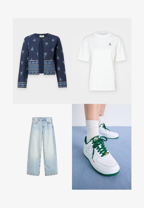 Marineblå quiltet jakke med blå broderede blomster mønstre. Har en rund halsudskæring og åben front, med lange ærmer og teksturerede detaljer.; Hvid bomulds T-shirt med korte ærmer, rund halsudskæring og et lille sort Jordan-logo på øverste venstre brystområde.; Lyseblå denim bukser med vid ben, høj talje, fem lommer, knaplukning og en falmet finish. Har lige, løse ben.; Hvide læder Nike Air Force 1 sko med grønne detaljer, snøre og sål; med perforeret tå og guld detaljer på snøreområdet.