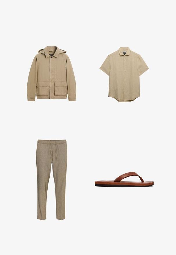 Beige gewatteerde jas met capuchon, knoopsluiting, twee grote klepzakken aan de voorkant en lange mouwen met drukknopen aan de manchetten.; Beige blouse met korte mouwen, knopen en kraag, gemaakt van gestructureerde stof, getoond tegen een effen witte achtergrond.; Beige, taps toelopende broek van gestructureerde stof, met een elastische tailleband met trekkoord en zonder zichtbare zakken.; Bruine leren flip-flops met een gestructureerde band, een gevoerde voetbed en een zwarte rubberen zool. Zijkant van het ontwerp benadrukt de slanke stijl.