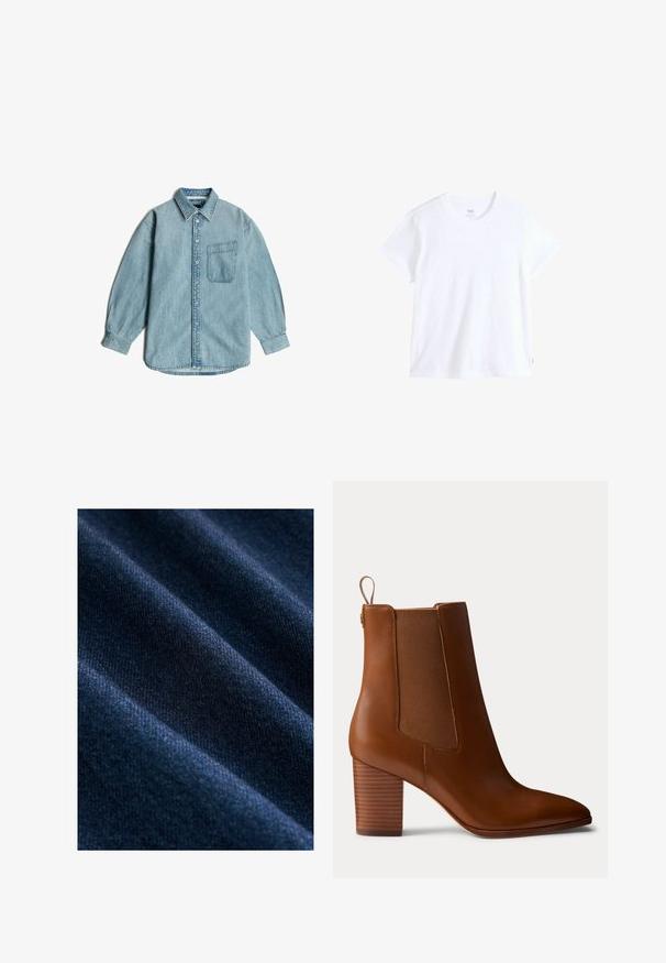 Hellblaues Denimhemd, mit Knopfverschluss vorne, klassischem Kragen, langen Ärmeln, einer einzelnen Brusttasche, weicher Textur und leicht weiter Passform.; Weißes Baumwoll-T-Shirt mit kurzen Ärmeln, rundem Ausschnitt und geradem Saum. Mit kleinem rotem Logostreifen an der unteren linken Seite.; Dunkelblauer Jeansstoff mit einer glatten Textur, der sichtbare diagonale Webmuster sowie subtile Farb- und Glanzvariationen aufweist.; Brauner Leder-Stiefelette mit Blockabsatz, elastischen Seiteneinsätzen und Zuglasche hinten, im Profil vor einfarbigem Hintergrund gezeigt.