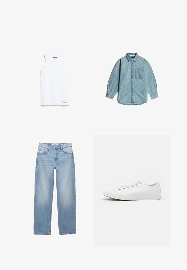 Hellblaues Denimhemd, mit Knopfverschluss vorne, klassischem Kragen, langen Ärmeln, einer einzelnen Brusttasche, weicher Textur und leicht weiter Passform.; Weißes Tanktop aus Baumwolle. Verfügt über breite Träger und einen abgerundeten Halsausschnitt. Enthält ein kleines Markenlabel unten links.; Helle blaue Jeans aus Denim mit geradem Bein, Fünf-Taschen-Stil und sichtbaren Nähdetails. Der Stoff hat eine weiche, leicht ausgewaschene Textur.; Converse CHUCK TAYLOR ALL STAR - Sneaker low - vintage white/light gold