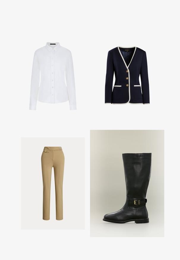 Mørkeblå blazer med hvid kant, V-udskæring, fire guldknapper, to forlommer og struktureret stof. Klassisk skræddersyet design.; Hvid langærmet skjorte med krave, knaplukning foran og manchetter. Fremstillet af glat stof med en tætsiddende pasform og uden synlige mønstre.; Beige slim-fit kvindebukser med høj talje, to knapper i siden og en lille lomme med knap nær taljebåndet.; Høj sort læderstøvle med lav hæl og en sidestrope med en lille guldbeklædning, vist på en neutral baggrund.