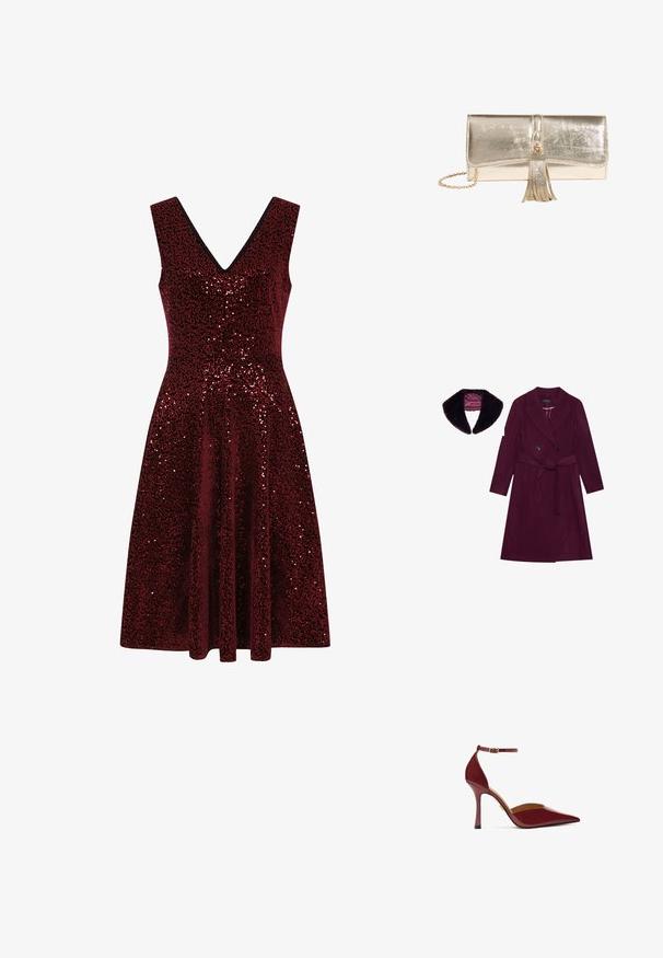 Abrigo de lana burdeos con cintura ceñida, botones de doble botonadura y cuello con muesca, combinado con un cuello de piel sintética oscura a juego.; Vestido rojo con lentejuelas, diseño sin mangas y escote en V, cuerpo ajustado y falda acampanada. La textura brillante realza su apariencia general.; Zapato de tacón alto burdeos con un acabado brillante, puntera afilada, correa al tobillo con una hebilla dorada y un tacón de aguja esbelto.; Bolso de mano dorado metálico brillante con cierre de solapa, borla decorativa y cadena dorada sobre fondo blanco.
