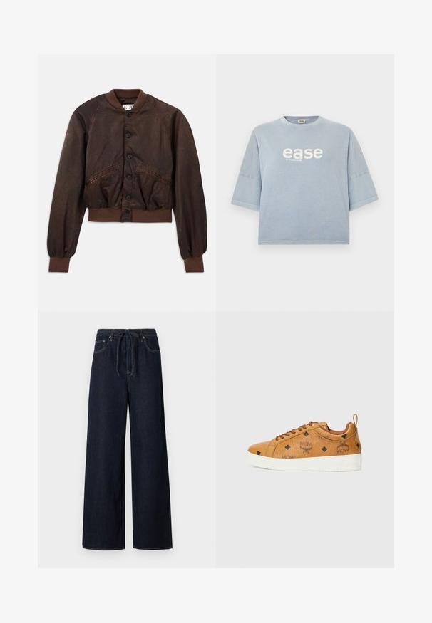 Veste bomber marron au fini brillant, avec des manches raglan, des poignets et un ourlet côtelés, et des boutonnages noirs sur le devant.; T-shirt en coton bleu clair avec manches courtes et larges et encolure ronde. Présente le texte « ease » en blanc avec une texture subtile.; Pantalons en denim larges de couleur bleu foncé avec une taille à cordon de serrage, conception standard à cinq poches et détails de couture contrastés.; Baskets en cuir marron avec des semelles en caoutchouc blanches contrastées, présentant des motifs en losange noirs et des logos MCM sur le côté. Comprend des lacets et une languette arrière.