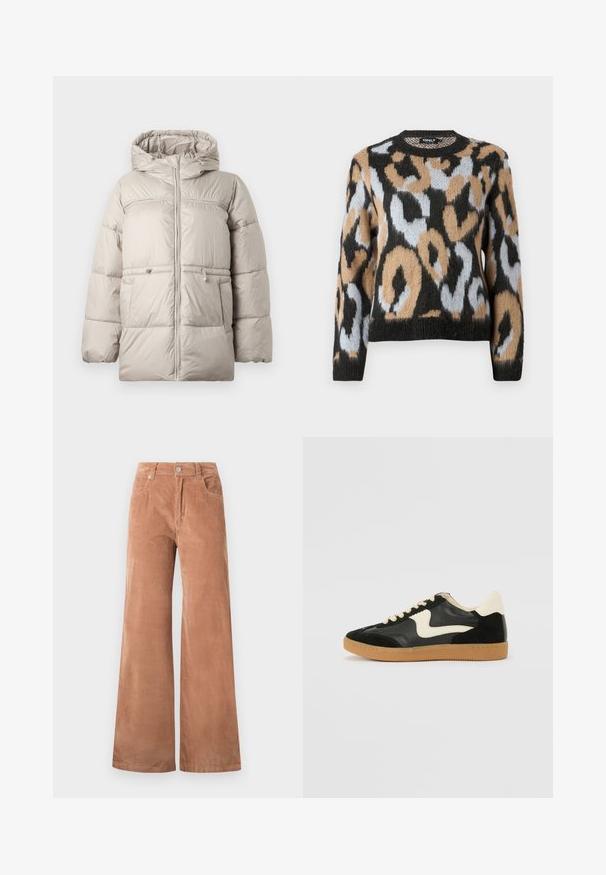 Puffjakke i lys beige med hætte, med ziplukning, elastisk snøre i taljen og quiltet mønster for isolering.; Sweater med leopardmønster, rund halsudskæring, lange ærmer og en blanding af sorte, brune og lyseblå farver med struktureret strikstof.; Lysebrune vide ben corduroy bukser med frontknap og lynlåslukning, bæltestropper og forlommer på hvid baggrund.; Sorte ruskinds- og lædersneakers med en cremefarvet side-swoosh og lys cremefarvet hæl. Har beige snørebånd og en gummirubber-sål.
