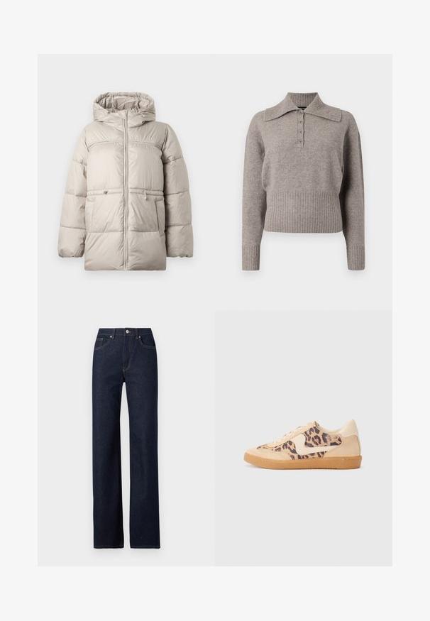 Chaqueta tipo plumas en beige claro con capucha, que cuenta con cierre de cremallera, cintura ajustable con cordón elástico y patrón acolchado para aislamiento.; Suéter de punto gris claro con un cuello de camisa, cierre delantero de botones y ribetes en el dobladillo y los puños. Textura suave y diseño casual.; Vaqueros de mezclilla azul marino con un diseño de pierna recta, estilo clásico de cinco bolsillos, costuras visibles y cierre frontal con botón.; Zapatillas de leopardo con parte superior de ante beige, suela de goma marrón y acentos blancos. Punta redonda y diseño con cordones con un acabado texturado.
