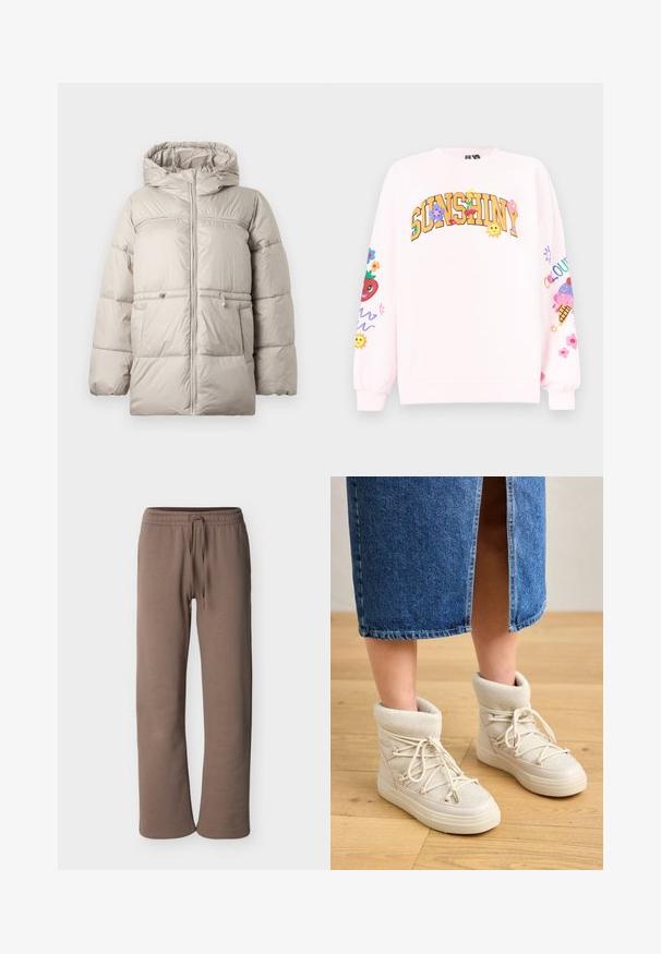 Puffjakke i lys beige med hætte, med ziplukning, elastisk snøre i taljen og quiltet mønster for isolering.; Lyserød sweatshirt med teksten "SUNSHINY" dekoreret med blomster, kirsebær, smilende sole og farverige designs på begge ærmer.; Brune elastiske sweatpants med snor i taljen, lige ben og afslappet pasform, vist mod en ensfarvet lys baggrund.; Beige ankelstøvler med en blød, strikket kant og hvide snørebånd. Sålen er tyk og struktureret, parret med en blå denimnederdel.
