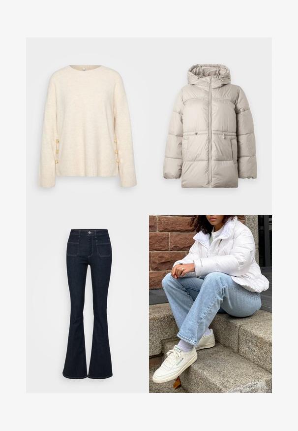 Puffjakke i lys beige med hætte, med ziplukning, elastisk snøre i taljen og quiltet mønster for isolering.; Cremefarvet sweater med ribbet kant og brede ærmer. Har dekorative gyldne knapper på den ene side for ekstra detaljer. Blød tekstur.; Mørkeblå flagrende jeans lavet af denim, med høj talje, fem lommer og kontrastsyninger langs sømmene. Glat tekstur.; Hvid pufferjakke med højt krave, lyseblå denimjeans og hvide Reebok sneakers. Strukturerede stenskridt i baggrunden.
