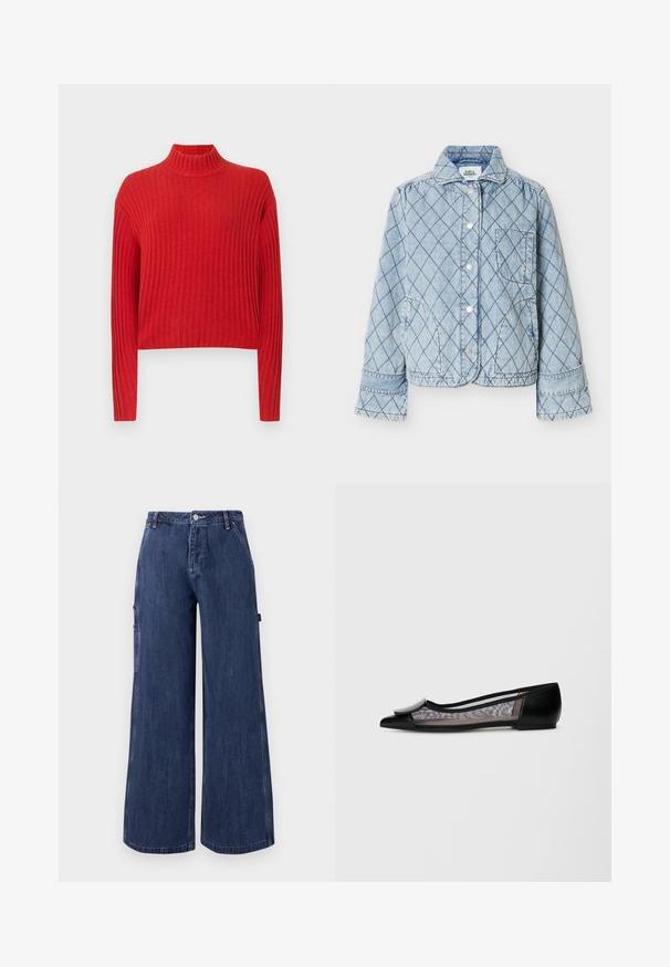Veste en denim matelassée bleu clair avec motif en losanges, boutons à l'avant, col, poche poitrine et deux poches latérales.; Pull en maille rouge à côtes avec un col montant, des manches longues et une coupe courte. La texture du tissu semble douce et tricotée, avec des rayures verticales.; Pantalon en denim bleu foncé à jambes larges, bouton sur le devant, fermeture éclair, poches latérales et passants de ceinture, présenté sur un fond blanc uni.; Chaussure noire plate avec un bout pointu, dotée d'un dessus en mailles, d'un accent arrondi à l'avant et d'un talon bas.